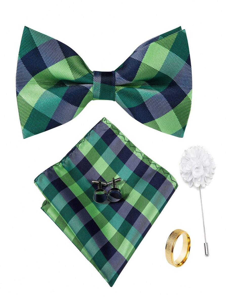 5Pcs Men Green Plaid Bow Tie Pocket Square Cufflinks Ring Boutonniere Set, Cufflinks Pattern Random For Wedding Business Party - Green - View 1