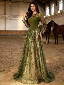 Autumn/Winter Elegant Sequin Leaf Embroidery Tulle Patchwork Pleated Knit 2 In 1 Long Dress, Illusion Long Sleeve Party Wedding Dress - Dark Green - View 9