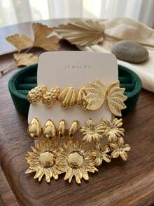 8 Pairs Combination Metal Gold Earrings Set European & American Vintage Sunflower Flower Shell Water Drop Stud Earrings Exaggerated Atmosphere Ear Jewelry For Women - Gold - View 3