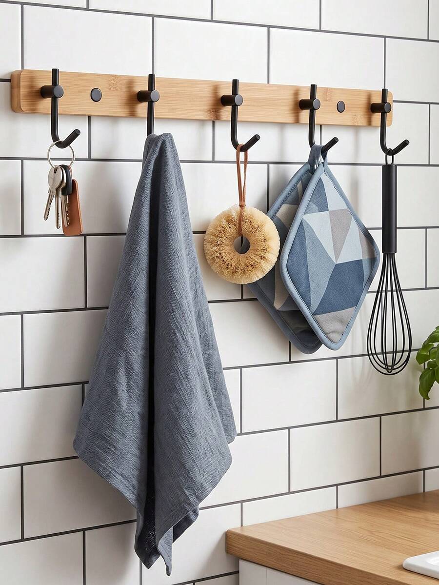 Hook Rack, Suitable For Kitchen Gadgets, Bath Accessories, Hand Towels And Lightweight Garments. Drill-Free Adhesive Installation Without Damaging Tiles, Perfect For Kitchen, Bathroom And Entry Wall, Combines Practical Storage - Multicolor - View 1