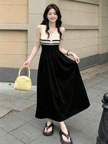 YCYC Summer Colorblock Round Neck Zipper Sleeveless Sweater Dress - Black - View 2