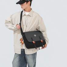 Black Plaid Flap Messenger Bag, Color-Block Buckle Design, Comes With Small Horse Charm, Large Capacity, Adjustable Shoulder Strap, Durable Nylon Fabric, Student School Commute Crossbody Bag - Multicolor - View 9
