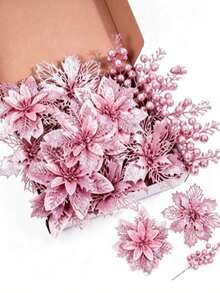10/18pcs Artificial Shiny Christmas Flower Set, Includes 8 Christmas Flowers And 8 Clips, Easy Installation & Maintenance Free, Suitable For Wedding Celebration, Christmas Tree, Wreath And Decoration - Christmas Flower Set - View 2