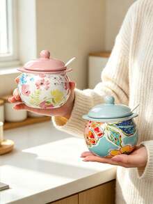 High Aesthetic Hand-Painted Floral Ceramic Seasoning Jar With Lid And Spoon, Dual Handle Salt & Sugar Canister, Kitchen Heat-Resistant Lard & Chili Oil Pot, Ceramic Sealed Storage Container, Fresh Printed Condiment & Sauce Organizer, Vintage Painted Dual Handle Ceramic Spice Holder, Kitchen Salt & Sugar Storage Box With Fresh Floral Print - Multicolor - View 13