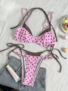 Women's Vintage Pink & Brown Polka Dot Bikini Swimwear, Casual Fashion Set Beach Vacation Summer - Pink - View 4