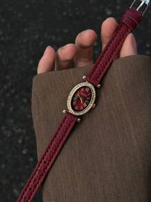1pc Women's Oval Quartz Watch With Rhinestone Bezel, Red Dial With Roman Numeral Markers, Red Strap, Luxury Vintage British Style, Suitable For Daily Wear, Party, Travel, Gift - Red - View 1