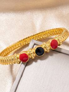 Letingsha 2pcs Luxury Vintage Textured Colorful Enamel Gold-Plated Bracelet And Ring, Suitable For Women's Daily Wear, Wedding, Party And Holiday Gift - Multicolor - View 9