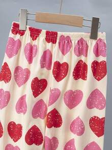 2pcs Women's 100% Cotton Pajama Set, Long Sleeve Top And Pants, Casual Heart Print Loungewear Set - Pink - View 9