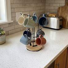 360 Rotating Mug Holder Iron Wood Grain Base 8 Hooks Drip Drain For Kitchen Counter Coffee Corner - Black + Wood Color - View 6