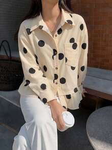 Women's Polka Dot Print Ruffle Hem Button Shirt, Casual Loose Long Sleeve Lapel Collar Blouse With Pockets, Spring Autumn Daily Wear - Yellow - View 5