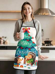 2Pcs/1pc Christmas Kitchen Aprons, Cute Santa Reindeer Snowman & Hedgehog Christmas Tree Print Adjustable Bib Apron, Waterproof Cooking Baking Apron For Xmas Holiday Party Decor Christmas Gift - Multicolor - View 6