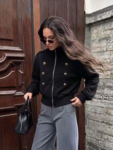 Autumn/Winter Solid Color Metal Buckle Epaulette Stand Collar Long Sleeve Cropped Slim Fit Utility Jacket, Daily Commute Vintage Outerwear Autumn Fashion - Black - View 2