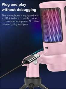 1個 USB 插頭 RGB 電競電容式麥克風，即插即用電腦麥克風，具備降噪、一鍵靜音、回聲音量控制、旋轉增益旋鈕，適用於直播、播客、遊戲、語音聊天 - 粉色 - 查看 9