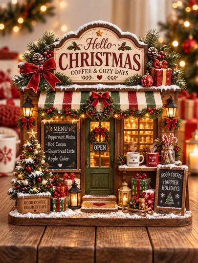 Printed Wooden Christmas Bookshop Tabletop Decor, Faux 3D Holiday Storefront Sign, Festive Coffee Shop Scene Ornament, Rustic Christmas Home Decor, Shelf Mantel Desk Decoration, Holiday Gift For Friends Family