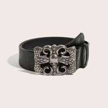 1件女款復古十字合金扣印花PU腰帶，適合萬聖節穿搭 - 黑色 - 查看 6