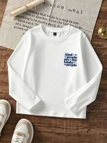 Infant Boy Vintage Face & Text Print Long Sleeve Top, Kind People Slogan Crew Neck T-Shirt, Soft Daily Autumn Outfit For Newborn Baby Boy - White - View 5