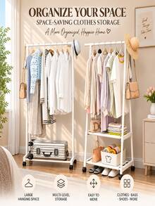 1pc White Rolling Garment Rack, Floor-Standing Open Wardrobe With Hanging Rod And Multi-Layer Storage Shelves, Large Capacity Clothing Organizer, Can Store Clothes, Shoes, Bags And Hats, Space-Saving Mobile Clothes Rack, Suitable For Bedroom, Dorm, Apartment, Entryway And Small Spaces, Minimalist Home Storage And Organization, Applicable For Spring, Summer, Autumn And Winter Home Storage, Random Style Shipment - Multicolor - View 4