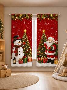 2 Pcs Gorden Liburan Natal, Gorden Motif Cetak Kartun Sinterklas Merah & Manusia Salju Natal, Dekorasi Jendela Semi Transparan Hangat untuk Hari Raya dengan Kantong Batang, Cocok untuk Ruang Tamu dan Kamar Tidur, Batang Tidak Termasuk, Dapat Dicuci Mesin - MultiWarna - View 3
