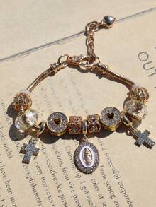 1pc Religious Cross Heart Charm Bracelet, Cross Heart Bracelet, Religious Virgin Mary Heart Bracelet - Gold - View 6
