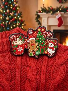 Christmas Color Block Zinc Alloy Enamel Badge, Christmas Hot Cocoa Gingerbread Man Snowman Badge, Christmas Tree Candy Cane Gift Box Pattern, Badge For Jacket Backpack Holiday Collection Accessory Gift - Multicolor - View 1