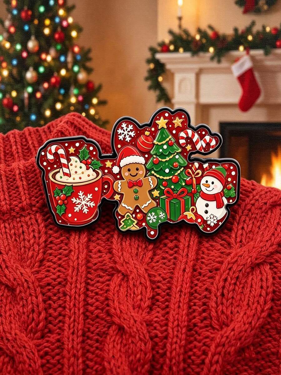 Christmas Color Block Zinc Alloy Enamel Badge, Christmas Hot Cocoa Gingerbread Man Snowman Badge, Christmas Tree Candy Cane Gift Box Pattern, Badge For Jacket Backpack Holiday Collection Accessory Gift - Multicolor - View 1