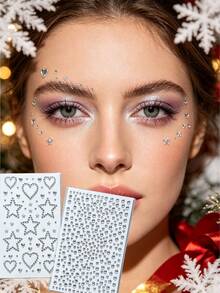 1pc/1set Silver Heart & Star Christmas Face Rhinestone Stickers, Self-Adhesive Glitter Face Stickers For Music Festival, Christmas Party Eye Makeup Decoration, With Exclusive Tweezers - Multicolor - View 3