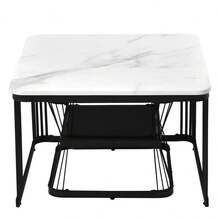 Nest Of 2 Tables  Square Coffee Table Coffee Table Set Nesting Sofa Table Multi-Functional End Side Table Nesting Tables With Black Metal Frame And Marble Pattern White Top Living Room Home - White Marble + MDF+Steel - View 9
