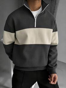 Men's Casual Fashionable Versatile Contrast Color Collegiate Style Comfortable Half-Zip Long Sleeve Sweatshirt, Autumn/Winter - Dark Grey - View 3