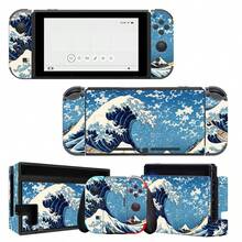 Switch Sticker Set, Black & Gold Ukiyo-E Wave Pattern, Waterproof Scratch-Resistant Self-Adhesive Vinyl Game Console Skin, Removable No Residue, Full Set Console + Joy-Con Controller Decorative Film - View 2