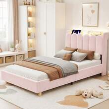 3FT Single Platform Bed Frame 90 X 190, Upholstered Bed With Storage Headboard, Velvet, Light Pink - Light Pink + Velvet + 90cm*190cm - View 4