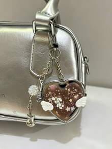 Cute Heart Wing Compact Mirror Keychain, Y2K Guitar Microphone Charm Bag Pendant, Aesthetic Makeup Mirror Keyring Gift - Silver - View 10
