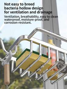 1 Pack Stainless Steel Kitchen Faucet Storage Rack, No-Drill Sink Organizer Shelf, Rust-Proof Bathroom Shower Caddy Holder For Sponge, Soap, Brush, Drain Rack, Kitchen Bathroom Accessories, Home Essentials, All Seasons - A - View 7