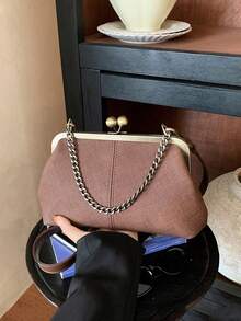 Vintage Distressed Zipper Bag, Metal Chain Texture One Shoulder Crossbody Niche Commuter Women's Handbag - Coffee - View 6