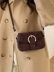 Women's Flap Small Handbag, Fashionable Metal Buckle Decor Square Bag, Shoulder Crossbody Bag - Coffee - View 2
