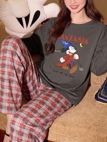 Gongdie 2 Pieces Disney Mickey Christmas Pajamas For Women,Fall Red Plaid Soft Cotton Loungewear With Crew Neck And Pocket - Grey - View 3