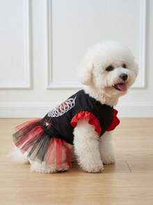 LUCKIE PAL 1pc Halloween Skeleton Print Flutter Sleeve Ruffle Mesh Pet Dress, Elegant Cute Ballet Style Fairy Tutu Dress For Cats And Dogs - Multicolor - View 6