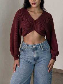 Women's Burgundy Knitted Crop Top, Long Sleeve V-Neck Sweater For Fall And Winter, Stylish And Cropped Fit Design - Burgundy - View 4