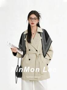 Women's Fashionable Versatile Daily Wear Waist-Tie Trench Coat Jacket - Apricot - View 1