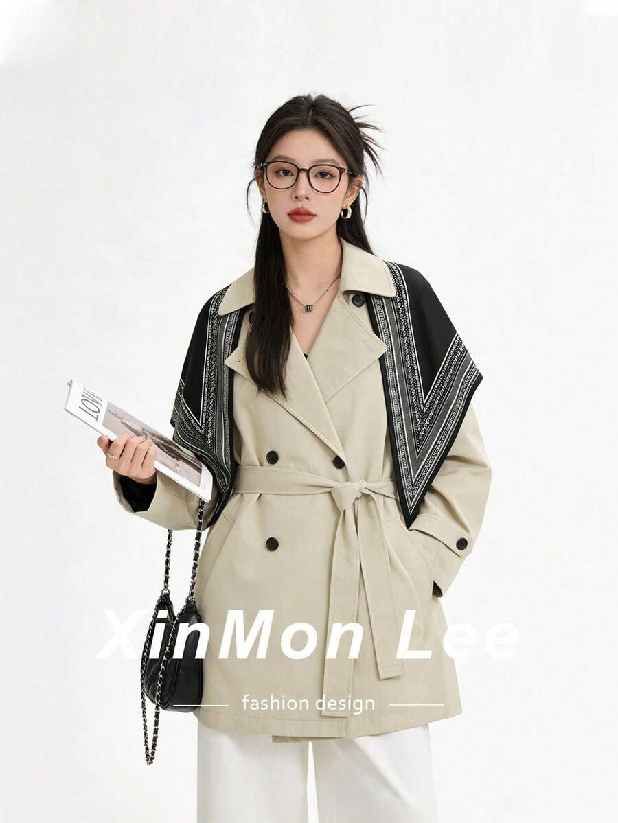Women's Fashionable Versatile Daily Wear Waist-Tie Trench Coat Jacket - Apricot - View 1