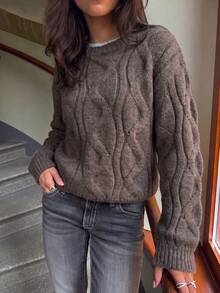 Just Masa Women's Autumn/Winter Casual Cable Knit Sweater, Solid Color Long Sleeve Ribbed Knit Pullover, Suitable For Daily Wear, Outings, Dates, Commuting - Dark Brown - View 6
