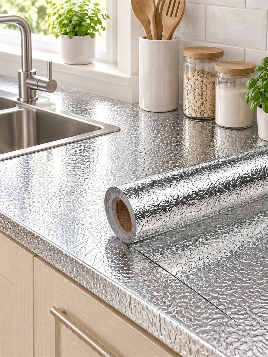 Aluminum Foil Kitchen Sink Sticker, Heat Resistant Oil Proof Waterproof Wallpaper, Orange Peel Texture Self-Adhesive Liner, For Drawers, Sinks, Cabinets, Mildew Proof Wall Protection Splash Film - Multicolor - View 1