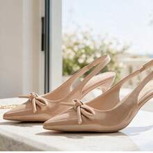 Women's Solid Color Glossy Pointed Toe Bow Decor Slingback High Heels, 8CM Stiletto, Elegant Dress Pumps For Wedding Party Daily Commute - Apricot - View 8