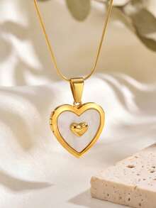 1pc Personalized Stainless Steel Heart-Shaped Openable Locket Pendant Necklace, 18K Gold Color, Customizable Photo Memorial Gift Jewelry For Women - Gold - View 2