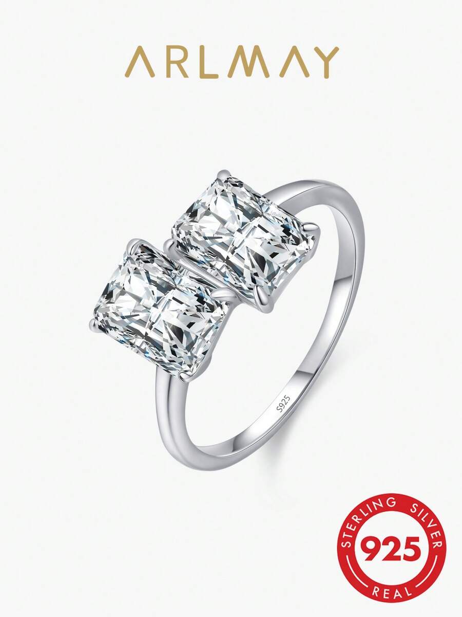 Arlmay 1pc 925 Sterling Silver Classic Setting Shining Rectangular Zirconia For Women Wedding Bands Fashion Luxury Jewelry - Silver - View 1
