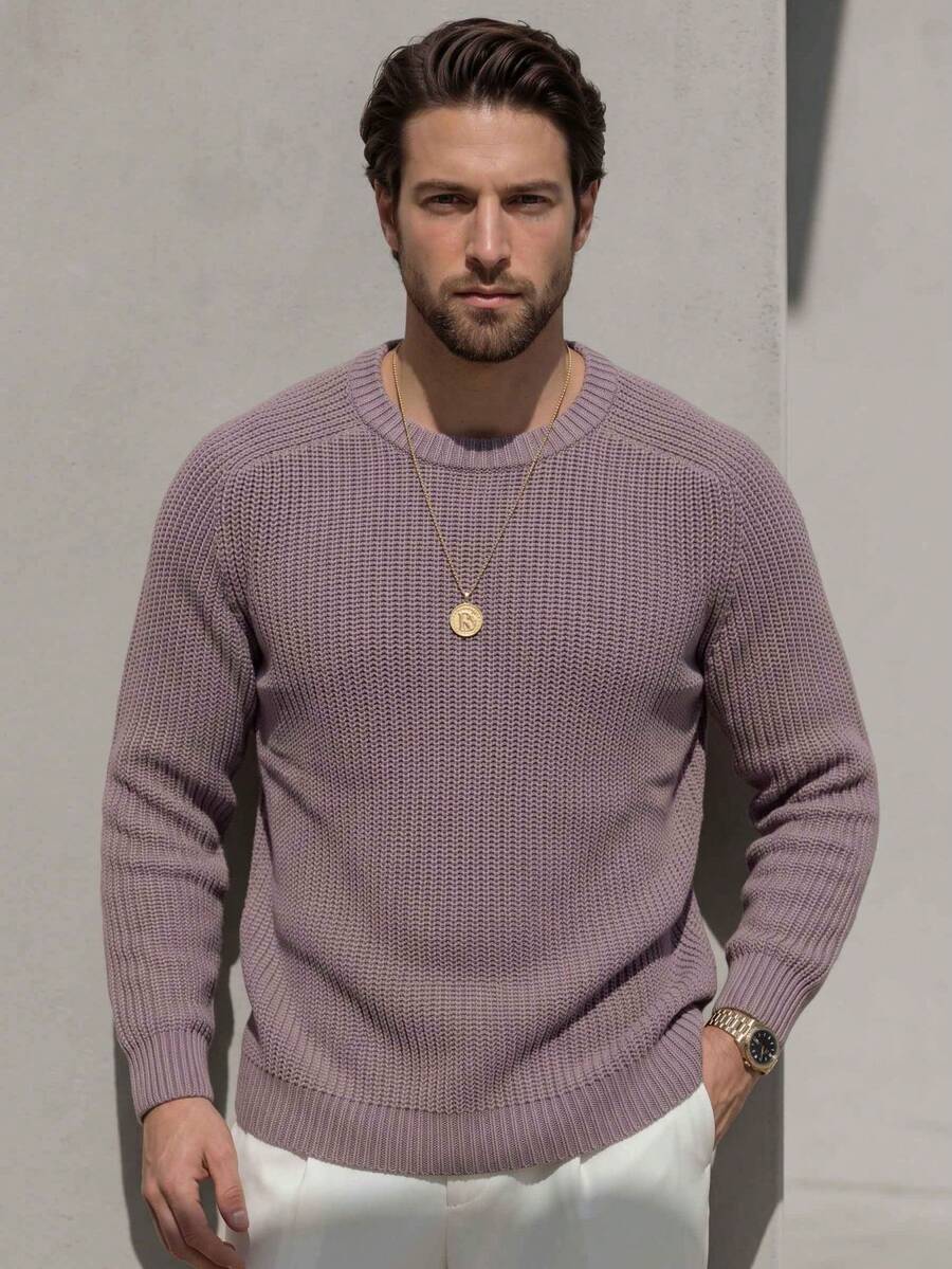 Solid Color Casual Loose Comfortable Unisex Round Neck Long Sleeve Knit Sweater, Suitable For Autumn And Winter - Mauve Purple - View 1