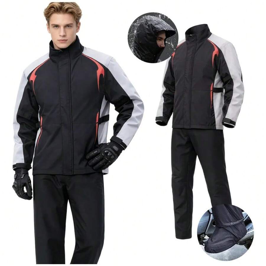 Impermeable para Motociclista Reflejante con Capucha, Chamarra para Lluvia Resistente al Agua, Protección para Moto y Scooter, Ideal para Conducción, Viajes y Uso Diario - Negro rojo - Ver 1