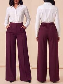 Plus Size Burgundy Multi-Purpose Commute Minimalist Solid Color Wide Leg Pants, Daily Wear - Burgundy - View 2