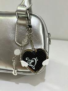 Cute Heart Wing Compact Mirror Keychain, Y2K Guitar Microphone Charm Bag Pendant, Aesthetic Makeup Mirror Keyring Gift - Silver - View 2