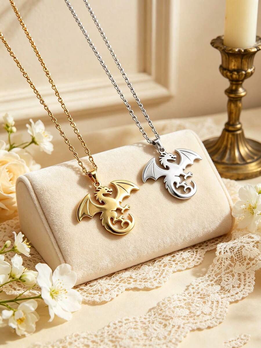 1pc Vintage Stainless Steel Mysterious Dragon Gold Plated Necklace, Unisex, Daily Wear, Holiday Wear, Holiday Gift - Multicolor - View 1