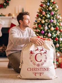 Custom Christmas Canvas Drawstring Gift Sack, Personalized Name & Monogram Santa Sleigh Print Storage Bag, Reusable Xmas Gift Holder, Great Gift For Family & Friends - Multi-color 1 - View 7